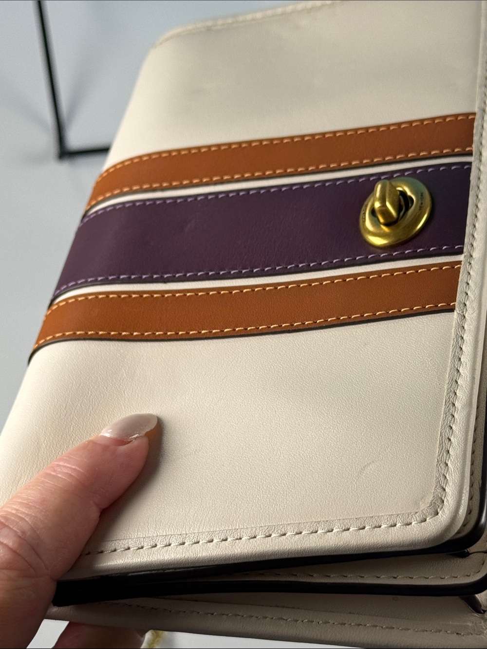 Coach Callie Foldover Chain Clutch Cream With Plum Varsity Stripe - Picture 3 of 15